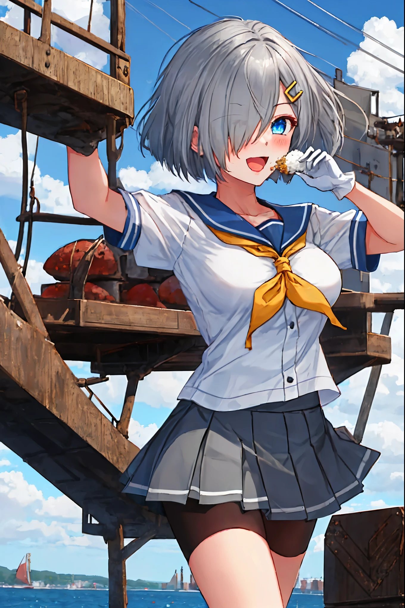 best quality, masterpiece, highres, solo, {hamakaze_kantaicollection:0.90}, 1girl, ,younger_teen,black_pantyhose, pleated_skirt, serafuku, short_sleeves, simple_background, white_background, yellow_neckerchief, white_gloves, looking_at_viewer, grey_skirt, blush, eyes_visible_through_hair, blue_sailor_collar, dynamic_posing,long_bangs,hair_over_one_eye,harbor_school_background,outdoor,large_breasts,onigiri,riceball,girl_eating_riceball,happy,open_mouth