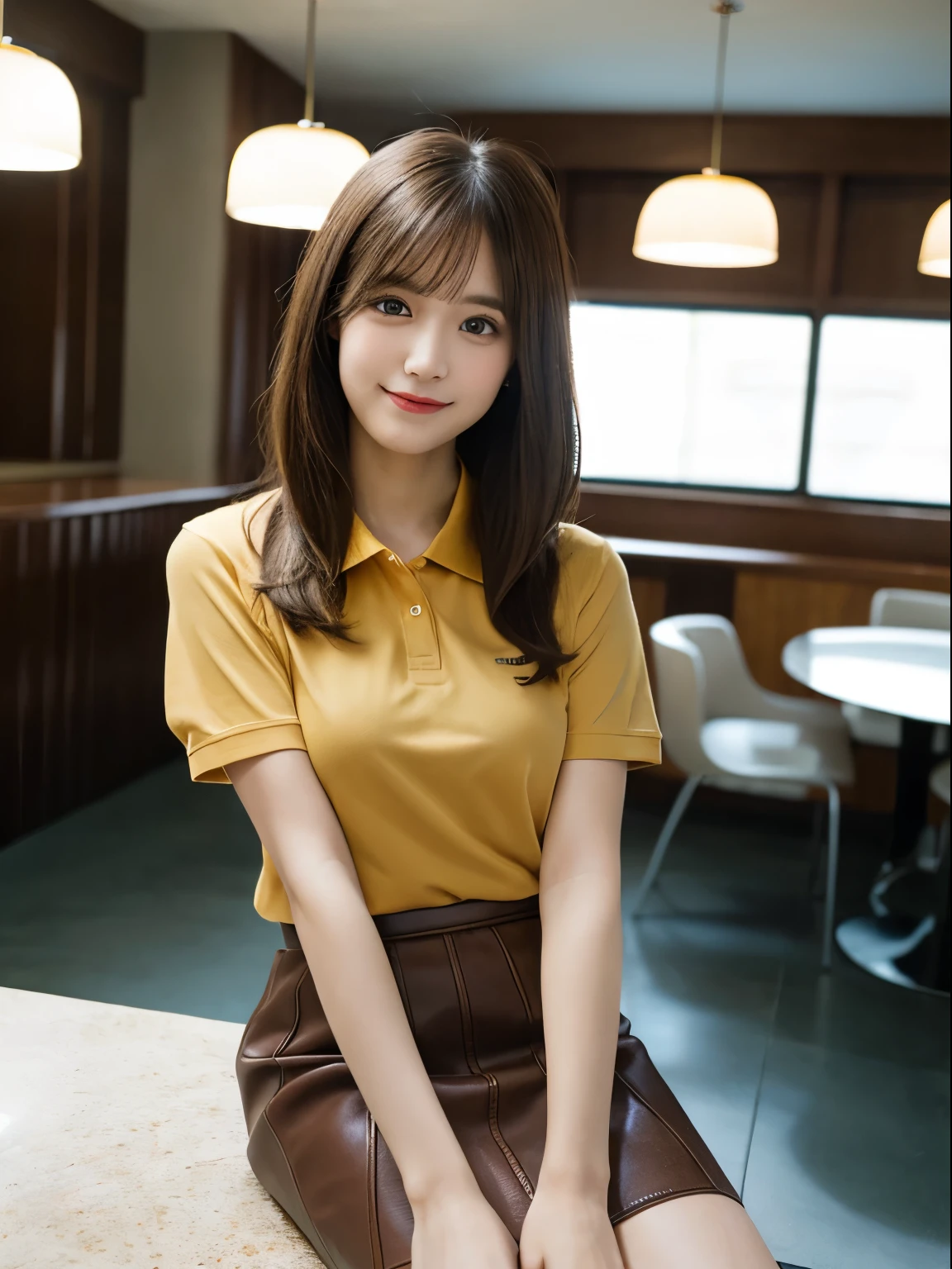 Woman sitting and holding a munchkin kitten、Beauty、In a bright room、Medium build、Wearing a polo shirt、Wearing a skirt、View from below、, brown hair, light brown hair, hair over shoulder, parted bangs, straight hair, seductive smile, Surrealism, first-person view, f/1.2, Nikon, Expressionism, cinematic lighting, first-person view, f/1.2, Nikon, UHD, anatomically correct, best quality, highres, 8k