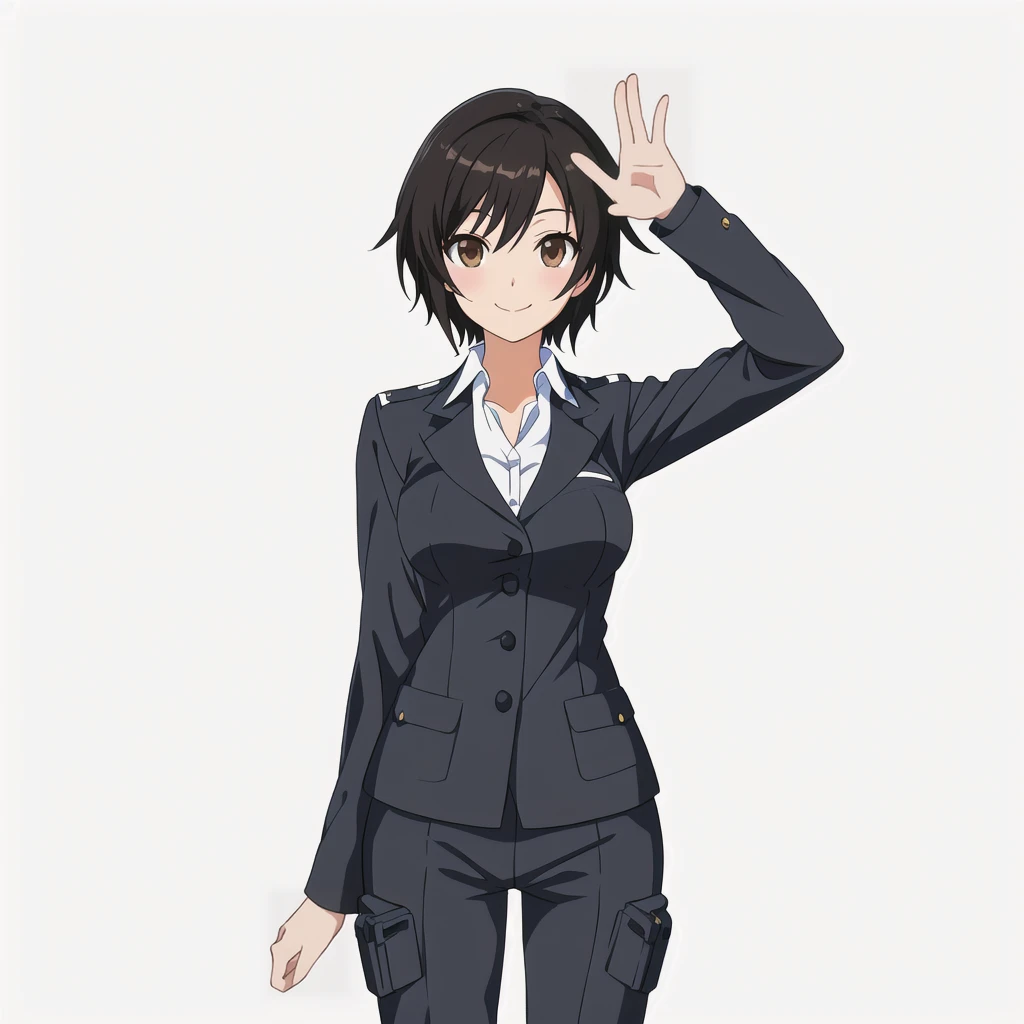 Highest quality, high resolution, High quality anime art style, Official Art, Smooth anime CG art, Stylized anime, Visual Novel Sprites, White background, whole body, Anime-style 3D, Smooth anime CG art, humanoid woman, JRPG Characters, policewoman, Policewoman, Anime woman in a gray suit, Waving left hand, smile, Brown eyes, Black Hair, short hair, Age 25,
