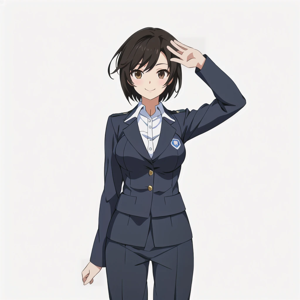 Highest quality, high resolution, High quality anime art style, Official Art, Smooth anime CG art, Stylized anime, Visual Novel Sprites, White background, whole body, Anime-style 3D, Smooth anime CG art, humanoid woman, JRPG Characters, policewoman, Policewoman, Anime woman in a gray suit, Waving left hand, smile, Brown eyes, Black Hair, short hair, Age 25,
