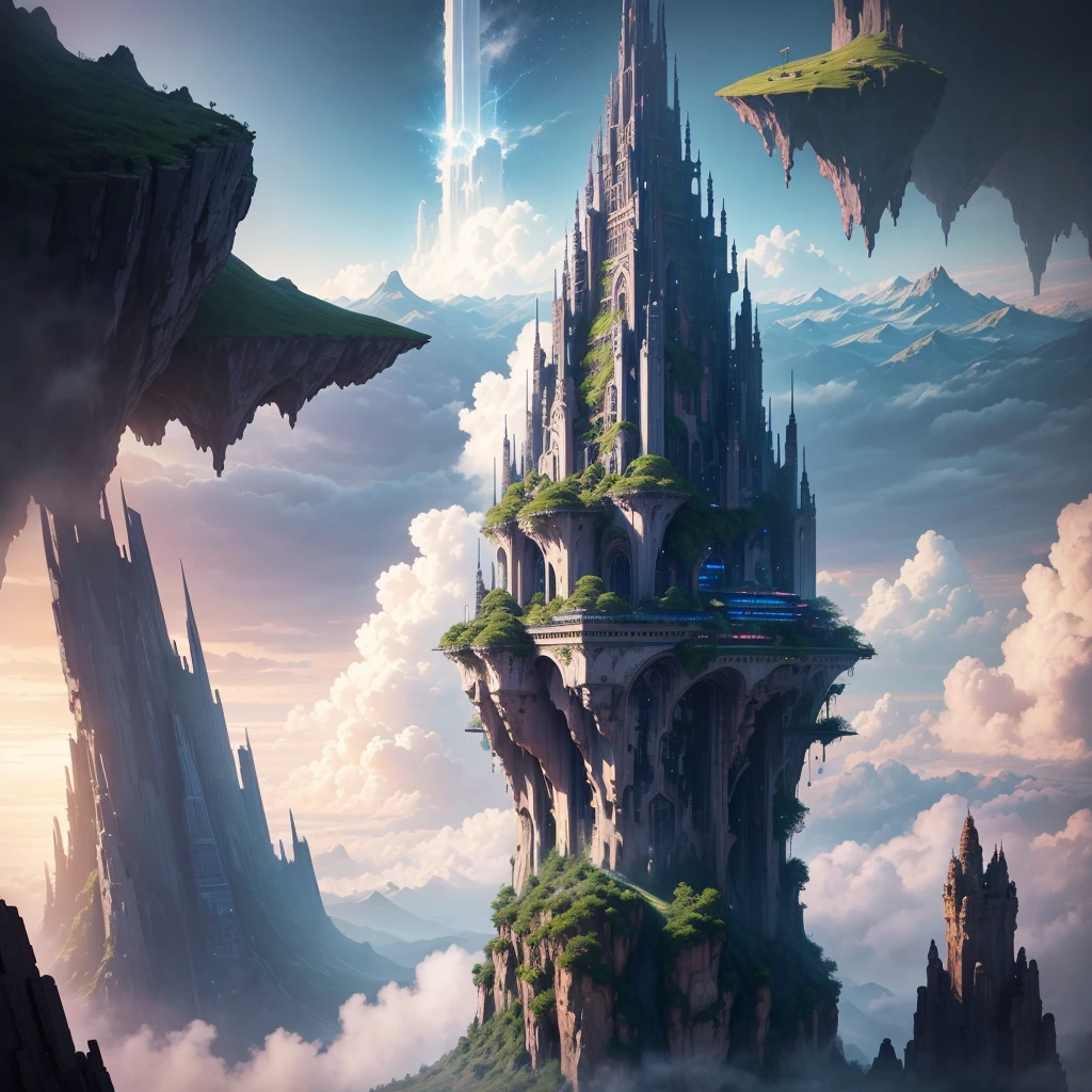 A huge fantastical sci-fi city, aether city, floating aerial metropolis,Skyscrapers、Huge construction,Super huge waterfall,god秘的,Fantasy, towering skyscrapers, massive waterfall, celestial planets in the sky, surrounded by clouds, cosmic architecture, violet energy scars around, great evolution,Infinite World,god々,central massive castle, astral sky