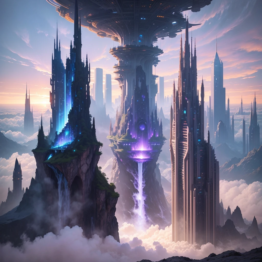 A huge fantastical sci-fi city, aether city, floating aerial metropolis,Skyscrapers、Huge construction,Super huge waterfall,god秘的,Fantasy, towering skyscrapers, massive waterfall, celestial planets in the sky, surrounded by clouds, cosmic architecture, violet energy scars around, great evolution,Infinite World,god々,central massive castle, astral sky