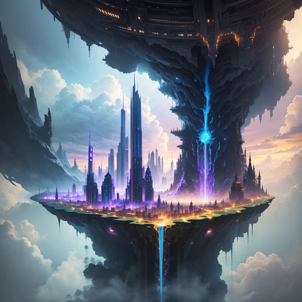 A huge fantastical sci-fi city, aether city, floating aerial metropolis,Skyscrapers、Huge construction,Super huge waterfall,god秘的,Fantasy, towering skyscrapers, massive waterfall, celestial planets in the sky, surrounded by clouds, cosmic architecture, violet energy scars around, great evolution,Infinite World,god々,central massive castle, astral sky