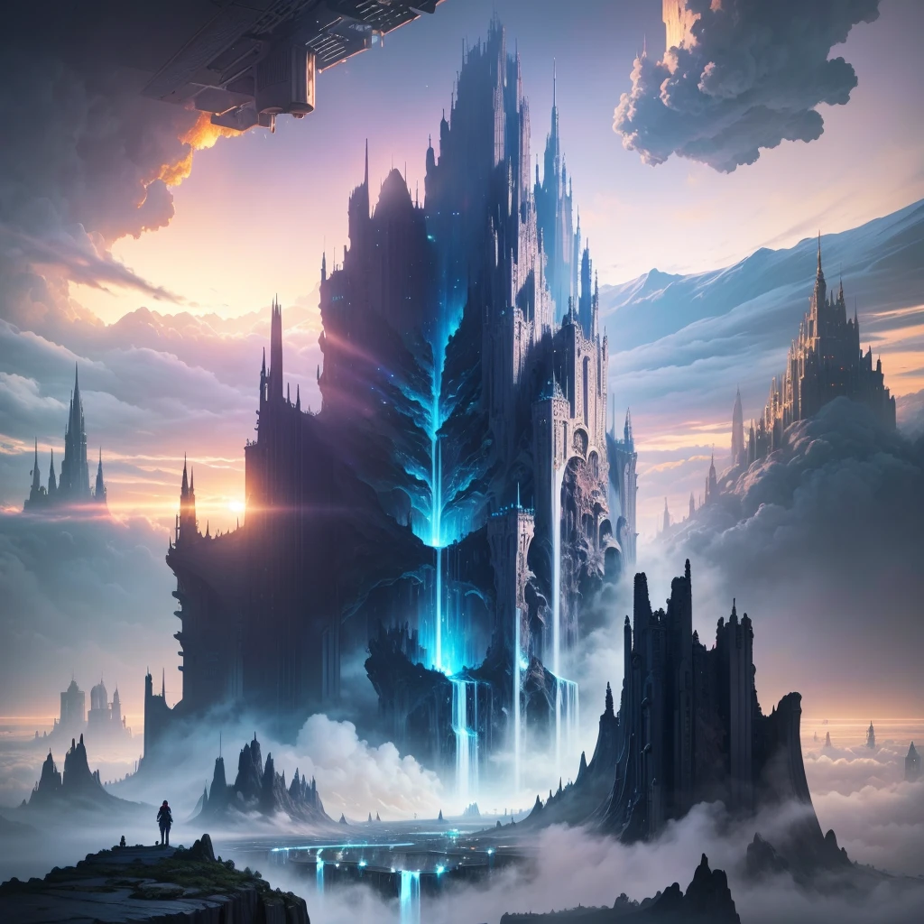 A huge fantastical sci-fi city, aether city, floating aerial metropolis,Skyscrapers、Huge construction,Super huge waterfall,god秘的,Fantasy, towering skyscrapers, massive waterfall, celestial planets in the sky, surrounded by clouds, cosmic architecture, violet energy scars around, great evolution,Infinite World,god々,central massive castle, astral sky