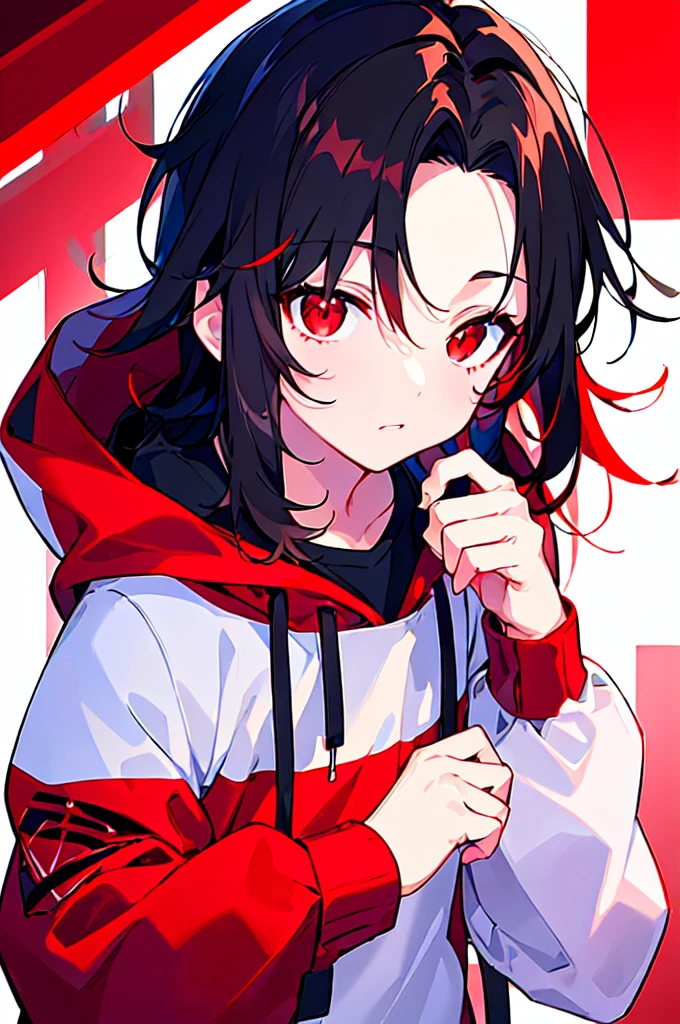 [(WHITE BACKGROUND:1.5),::5], ((((masterpiece)))), high quality, ultra very high resolution, full color, (((solo))), (()), black hair, ((red streaked hair)), (red eyes), anime, ((upper body)), neon light, black parka, 