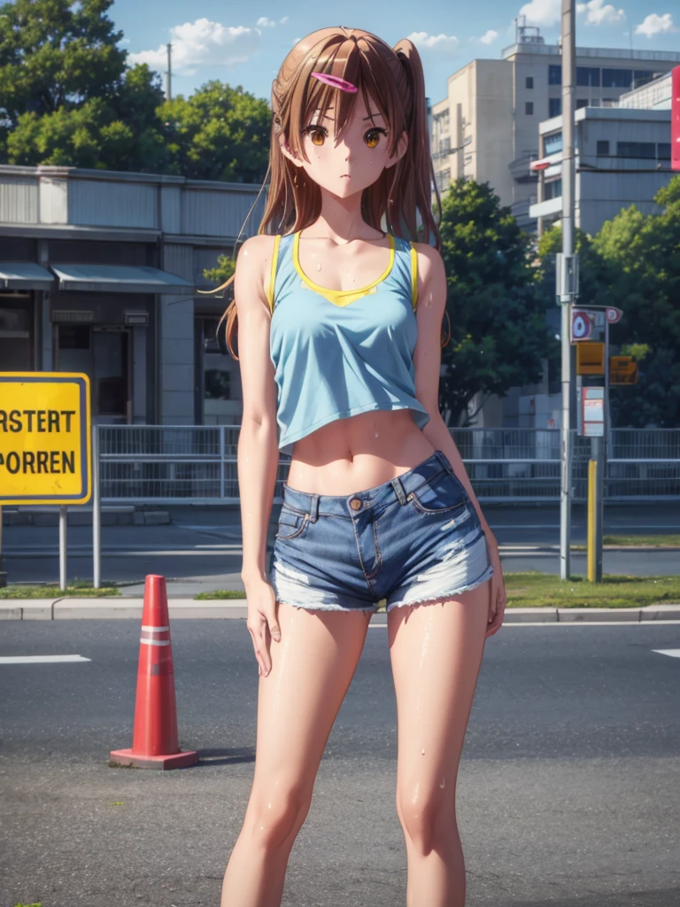 Girl, short blue jeans short, Reflective vest, You can see her breasts, Road works  background , openlegs, Bare chest, small breast, slim body, slim legs, wet body, Sneakers 