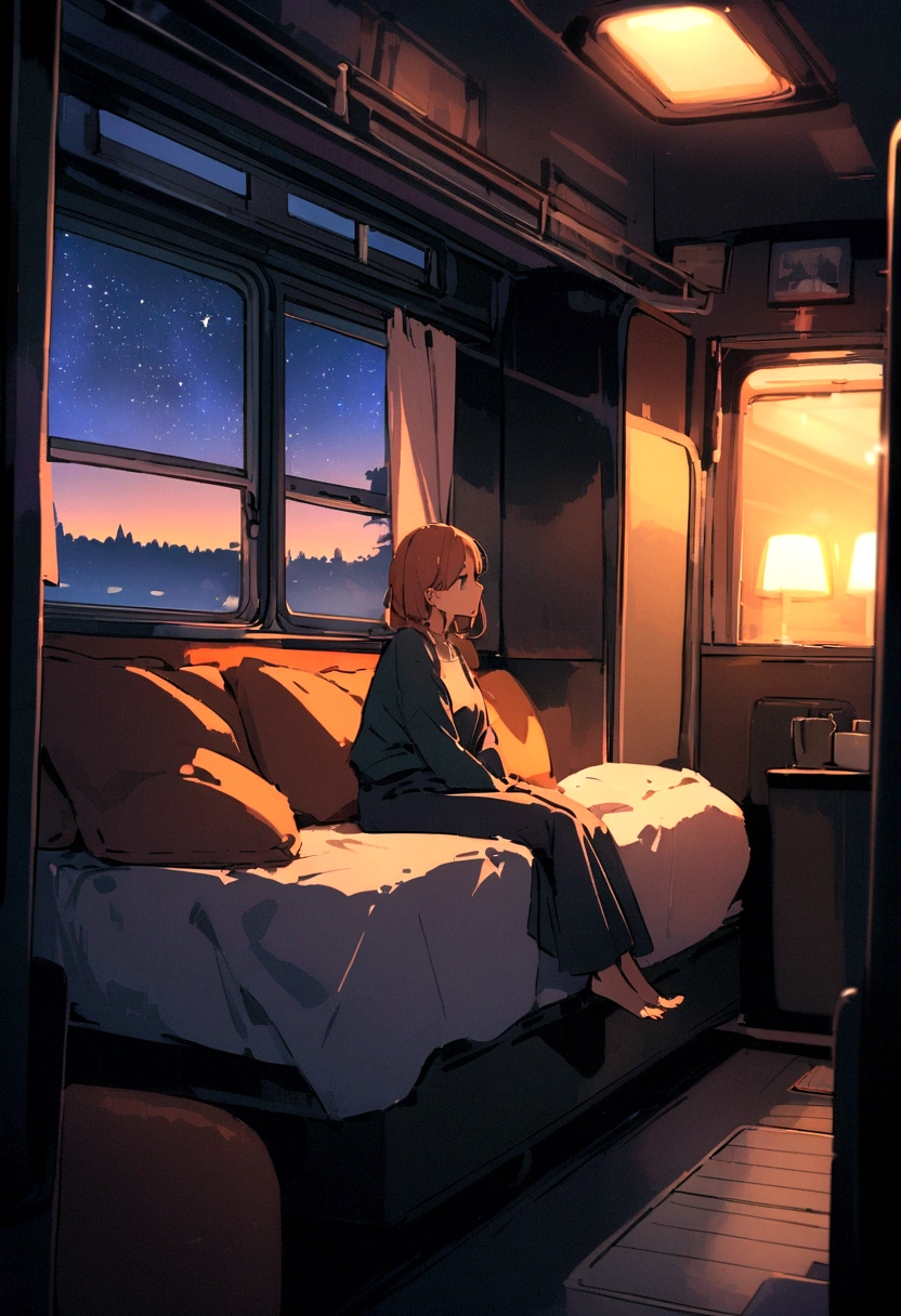 Woman sitting in a cozy room on a train, Comfortable bed, The window and the night outside, Dim orange light, It's dark outside,Starry sky outside、Very cozy room on the train.Trailer House、