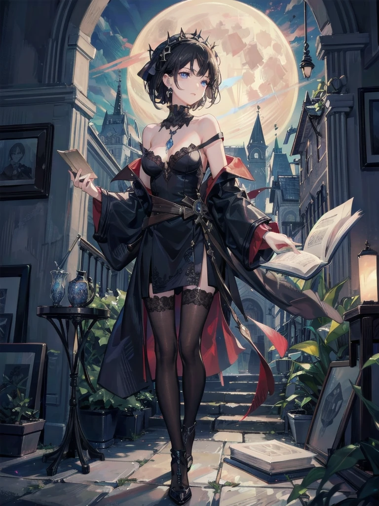 absurdres, RAW photo, extremely delicate and beautiful, masterpiece, Best Quality, ultra high resolution, 32k, hyperrealistic, ultra-detailed, in her 20s, delicate facial features, beautiful detailed girl, tearful mole, earring, medium breasts, full body shot, shorter middle hair, black hair, rustic village under the soft, eerie glow of the moon. holding an ancient book, subtly glowing pendant, Gothic letters.