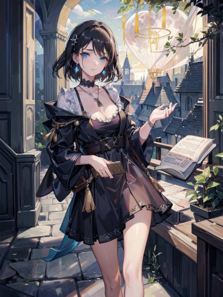 absurdres, RAW photo, extremely delicate and beautiful, masterpiece, Best Quality, ultra high resolution, 32k, hyperrealistic, ultra-detailed, in her 20s, delicate facial features, beautiful detailed girl, tearful mole, earring, medium breasts, full body shot, shorter middle hair, black hair, rustic village under the soft, eerie glow of the moon. holding an ancient book, subtly glowing pendant, Gothic letters.