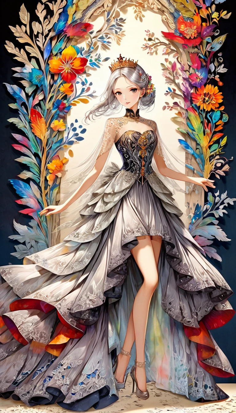 artwork with vibrant colorful colors, best quality, super fine, 16k, 2.5D, delicate and dynamic depiction, beautiful queen, silver half-up hair, attractive and seductive expression, glamorous slender body, Northern Renaissance, long evening dress made of lace with gold embroidery, accessories, elegant effects, fusion of watercolors and oil paintings, fusion of paper cutting and shadow puppetry, detailed decorated backgrounds, texture of old paper