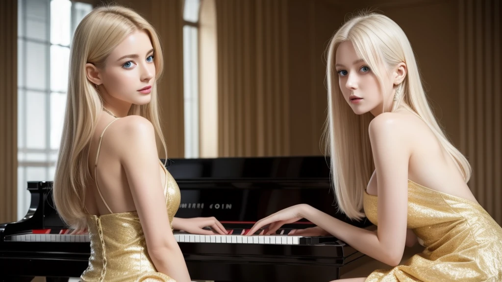 Playing the piano、A beautiful woman standing in a fantastic space, White and gold tight micro dress, 8K, {{masterpiece}}, highest quality, expensive quality:1.4), {{[[Front view}}, eye_Touch,Multiple photo poses)]], Very cute face, and very pretty eyes, Cute Images, Cute Images, {{Half Body}}, {{{{{{{{Long legs}}}}}}}}, {{{{Slim and sexy body}}}}, {{{{{{Tall and expensive woman}}}}}}, {{height: 177cm}}, alone, beautiful, Lovely, adorable, Pale skin, {{18〜22 year old German woman}}, look beautiful German girl and blue eyes or green eyes with platinum blonde hair color), Scandinavian German girl, {{{{{{{{{{Half Girl}}}}}}}}}}, {{{{{{{{{{expensive_all}}}}}}}}}},Large Breasts 、Cleavage