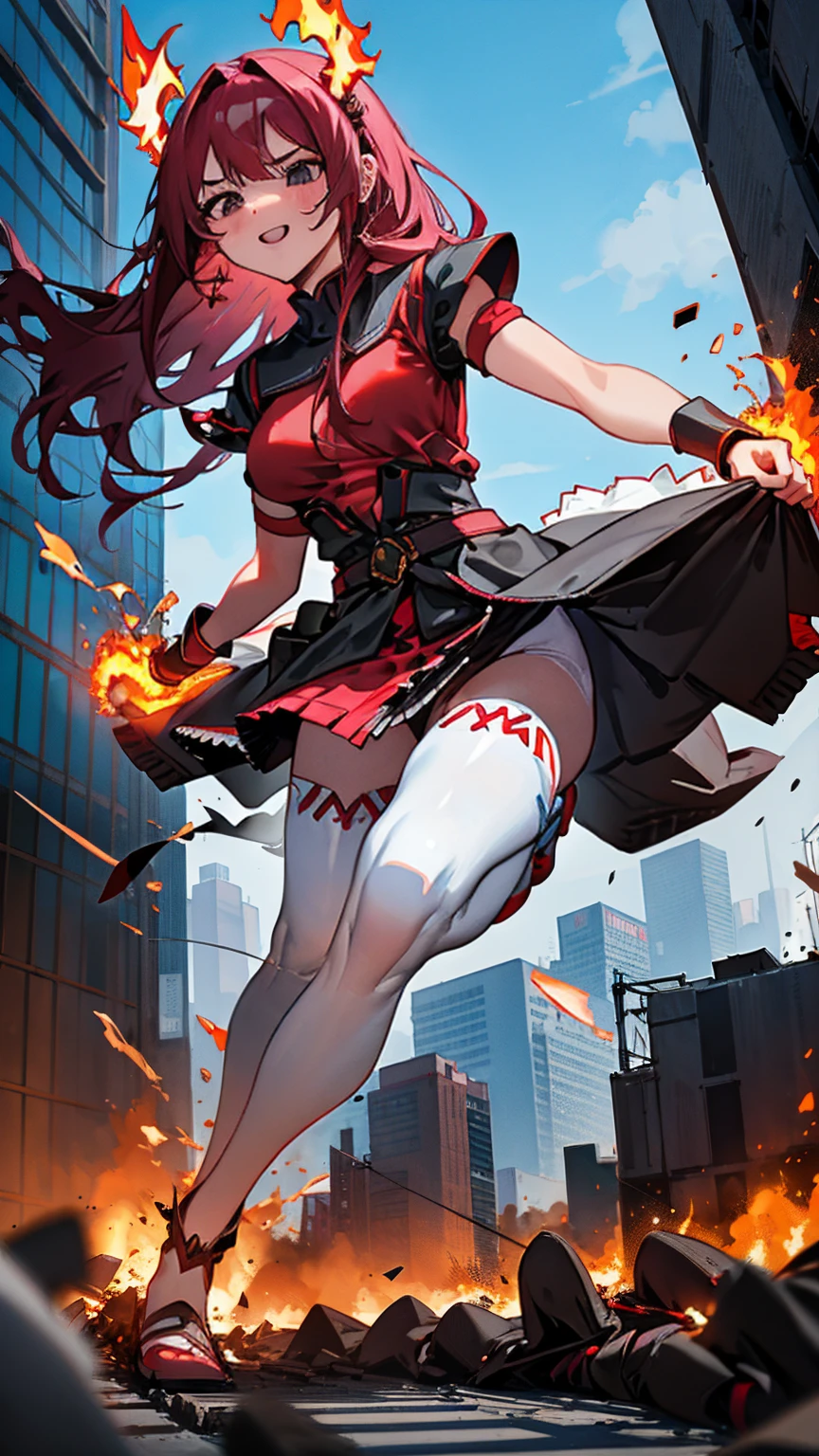 Striding through a busy university campus, the Giantess Goddess with crimson skin and onyx black eyes looms over the buildings. Her hair, a cascade of crimson flames, sets the surroundings ablaze. Normal-sized students and professors scatter, but many are caught and crushed underfoot. She scoops up the survivors, pressing them against her crimson curves, their struggles amplifying her pleasure.