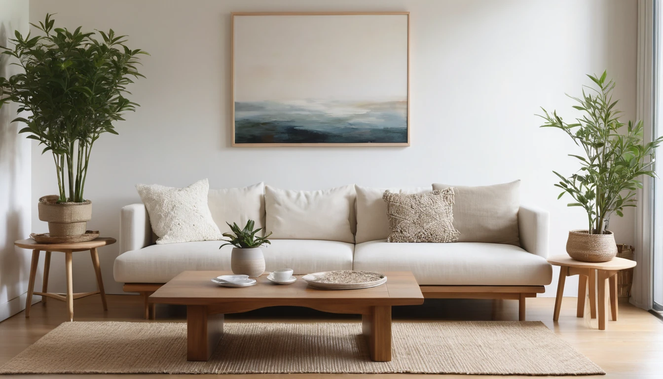 Minimalist Muji-style cafe-bar-living room, neutral color palette, natural materials, soft lighting, low-profile white couch, wooden chair, natural wood coffee table, indoor plants, minimalist wall art, woven rug, natural light, tranquility, functionality, harmonious blend
 The scene is enhanced by a shallow depth of field, with the focus on the detailed table setting and a bokeh background, creating a serene and sophisticated ambiance. ((8k)), high quality detail, cozy and elegant environment, artistic and inviting.
 depth of field camera, 50mm, ((8k)), high quality detail, soothing and elegant ambiance. , ((8k)), ((UHD)), 8k, high quality detail, realistic photo, luxurious, beautiful, modern, soothing, cozy, peaceful, cottagecore
