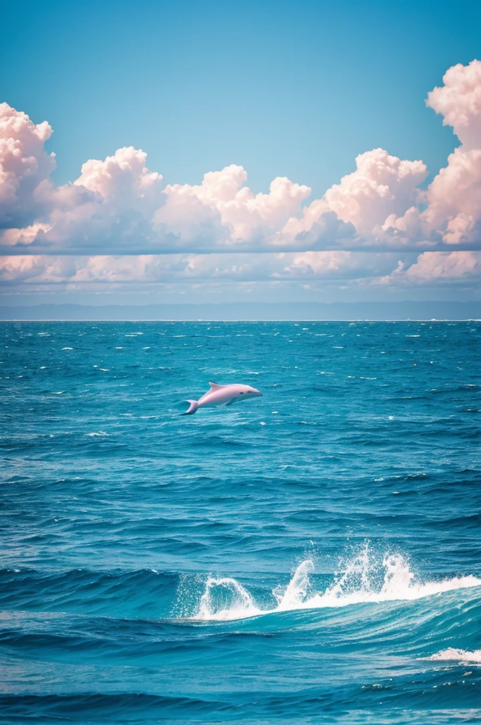 An ocean with many waves, a vast expanse of blue water, and a beautiful pink dolphin swimming in the water. The sky was very clear.