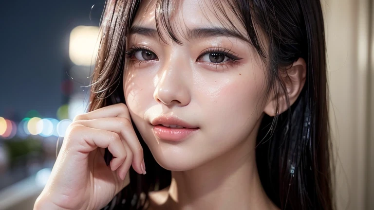 (((Face close-up)))、(((Black straight long)))、(((Hotel at night)))、((((Thin underwear)))、(((Embarrassing))) Half Japanese and half Korean、One girl、Looking forward、Light eye makeup、Black hair color、Hair blowing in the wind、quality、Shiny Ultra-Realistic Face、Plump、glossy、Tempting、Sweat、wet、Watery eye、sexly、I feel、Subtle lighting effects、Ultra-Realistic Capture、Very detailed、High resolution 16K human skin closeup。Skin texture must be natural、The detail must be such that the pores are clearly visible.、The skin is healthy、Even Tone、Use natural light and colors、High quality photos taken in-house by a model agency photographer、smile、(((SIGMA 300 mm F/1.4、1/1000 sec shutter、ISO 400)))
