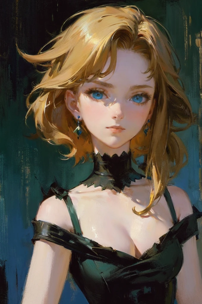 (top-quality、​masterpiece:1.2) 1woman, detailed portraiture art of a character, loose oil paint, thick pain, video game character art, female, black background background, stunning, perfect artwork, blonde hair, hair dyed green at the ends, blue eyes, earrings, sexy pose