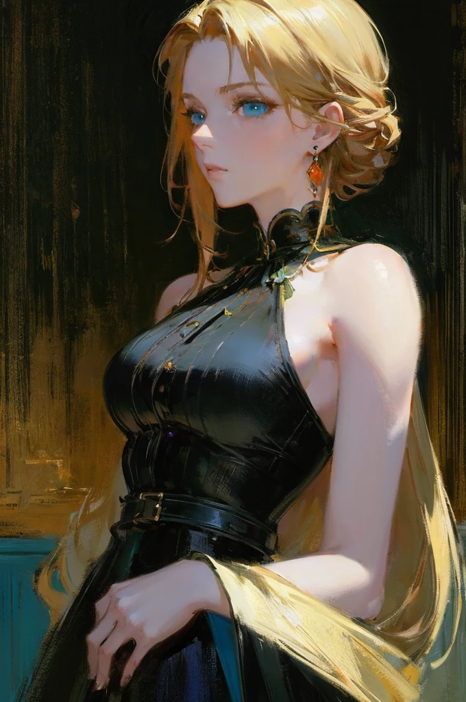 (top-quality、masterpiece:1.2) 1woman, detailed portraiture art of a character, loose oil paint, thick pain, portrait, video game character art, female, black background background, stunning, perfect artwork, blonde hair, black dress, hair dyed green at the ends, blue eyes, earrings, erotic pose