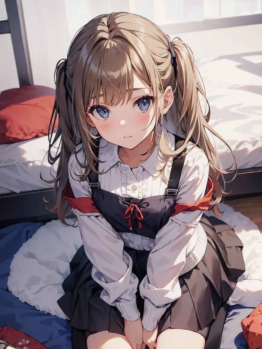 girl, (wariza:1.2), sit, skirt, On the bed, from above