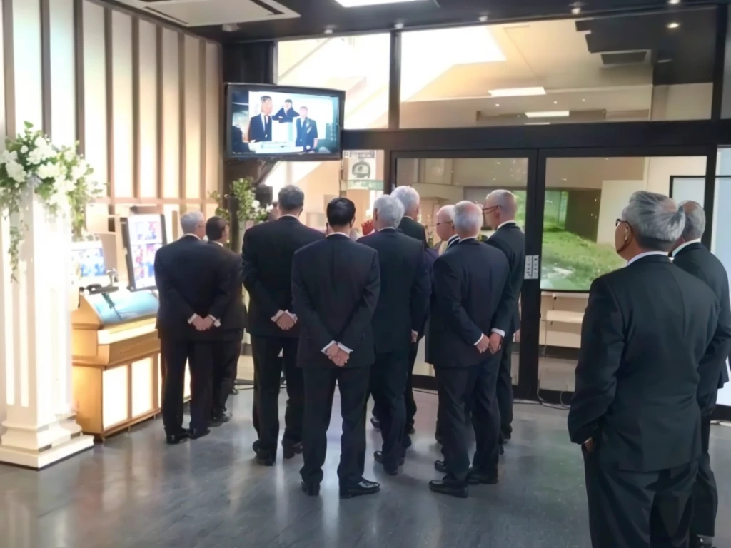 Several men in suits are standing in a room with a television, To the camera, Funeral, Photo taken from behind, Gazing at the horizon, walk in a Funeral procession, Filmed in the early 2020s, When you look to the side, 半分Turn leftいる, Look straight ahead, Turn left, Looking over your shoulder, looking over the horizon