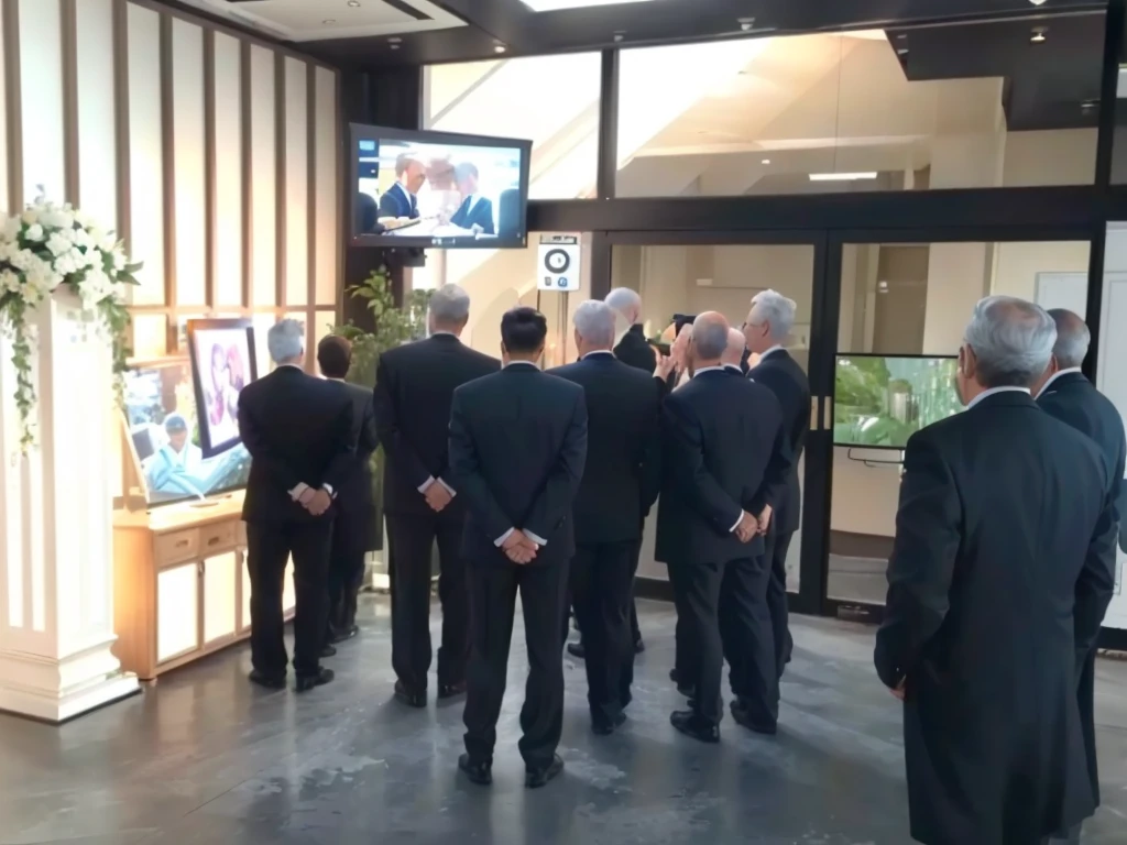 Several men in suits are standing in a room with a television, To the camera, Funeral, Photo taken from behind, Gazing at the horizon, walk in a Funeral procession, Filmed in the early 2020s, When you look to the side, 半分Turn leftいる, Look straight ahead, Turn left, Looking over your shoulder, looking over the horizon
