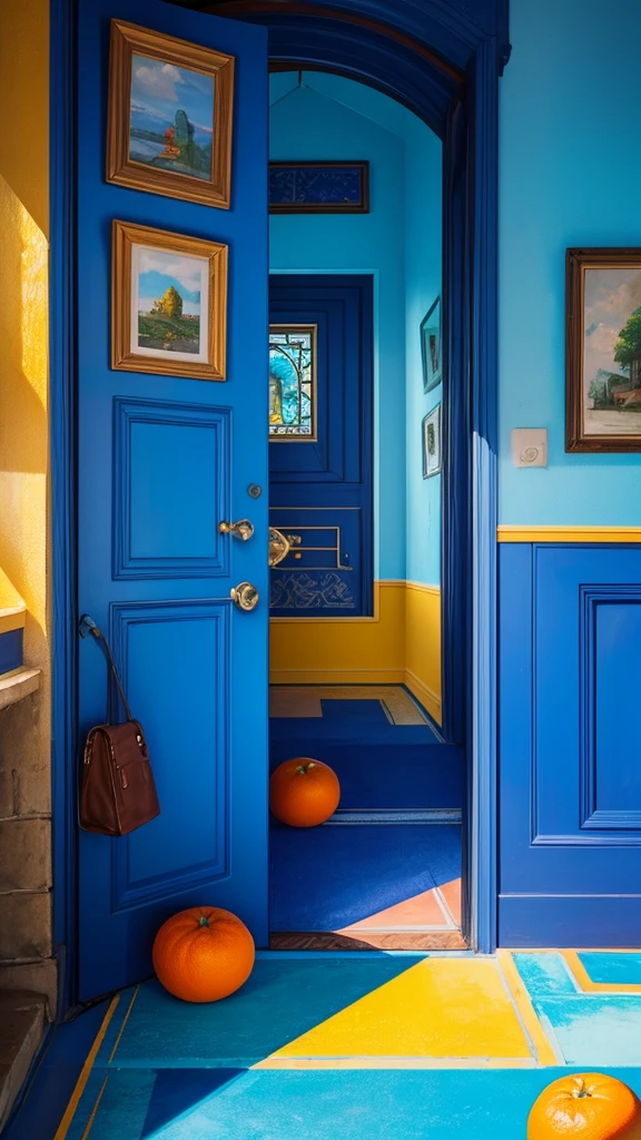 (masterpiece,Highest quality:8K) there is a blue door with a tree and oranges on it, blue and yellow theme, blue color theme, blue door, blue and yellow color theme, magical colours and atmosphere, magical colors and atmosphere, blue themed, blue theme, incredible colors, blue colors, azure tones, vibrant but dreary blue, blue colours, details and vivid colors, rich blue colors