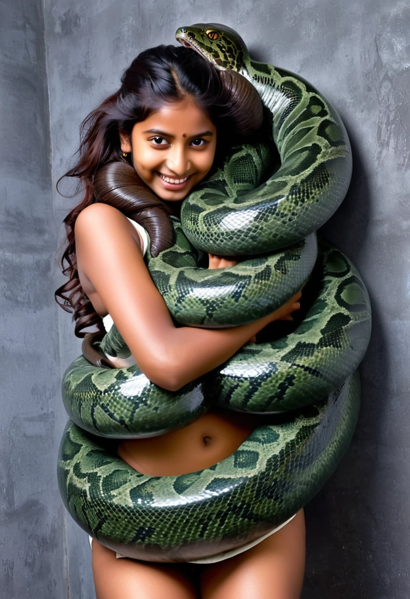 Happy Horny, aroused 1girl), beautiful Indian young girl with giant colossal Kaa monster squeezing her hard, wrapped in thick spiraling coils, constricted, struggle, gasping for air, snake attack, snake peril,