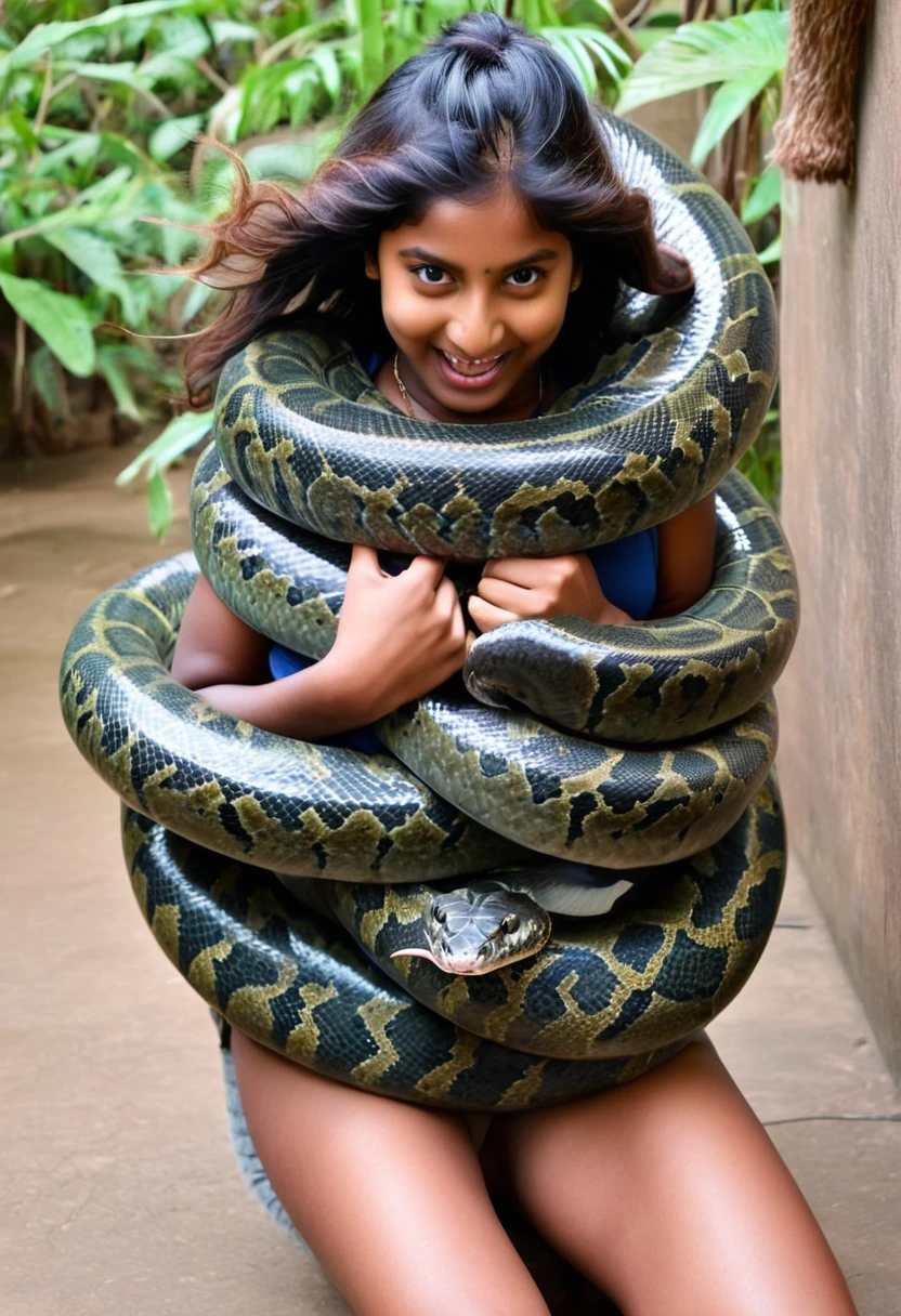 Happy Horny, aroused 1girl), beautiful Indian young girl with giant colossal Kaa monster squeezing her hard, wrapped in thick spiraling coils, constricted, struggle, gasping for air, snake attack, snake peril,
