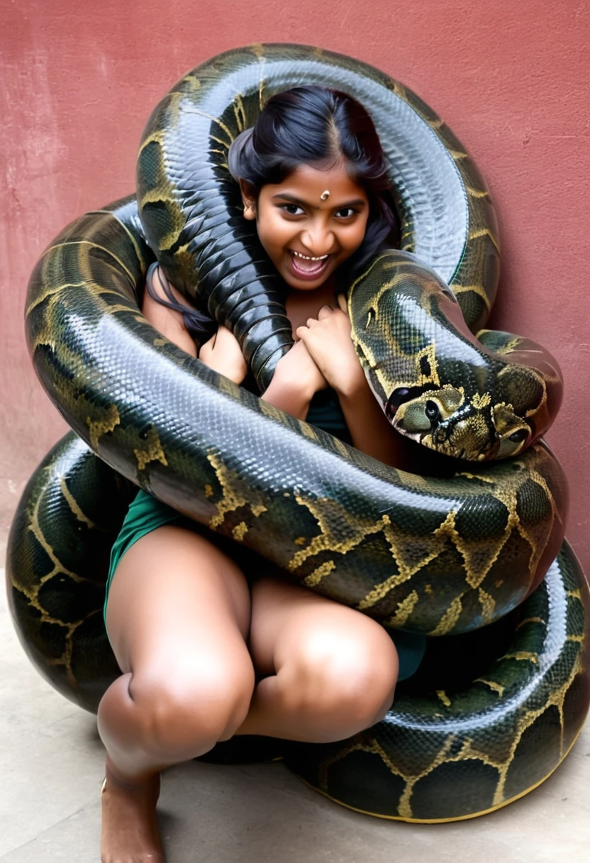 Happy Horny, aroused 1girl), beautiful Indian young teen girl with giant colossal Kaa monster squeezing her hard, wrapped in thick spiraling coils, constricted, struggle, gasping for air, snake attack, snake peril,