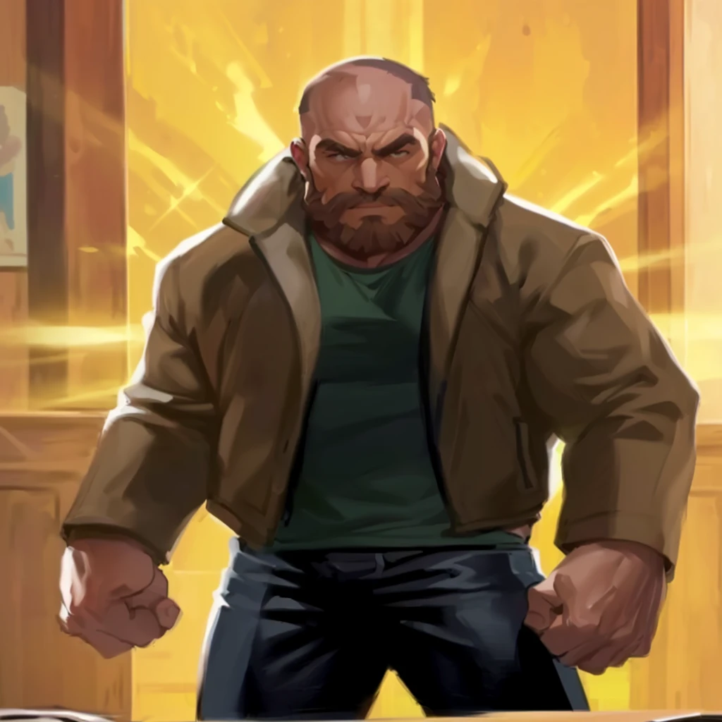cartoon of a man with a beard and a jacket standing in front of a table, buff man, heavy looking, very buff, manly monster tough guy, beefy, robust stocky body, inspired by Daryush Shokof, super buff and cool, middle aged balding superhero, jake parker, burly man, muscular character, intimidating man, buff painting