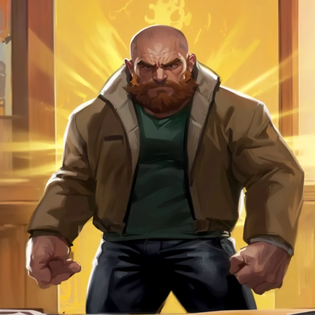 cartoon of a man with a beard and a jacket standing in front of a table, buff man, heavy looking, very buff, manly monster tough guy, beefy, robust stocky body, inspired by Daryush Shokof, super buff and cool, middle aged balding superhero, jake parker, burly man, muscular character, intimidating man, buff painting