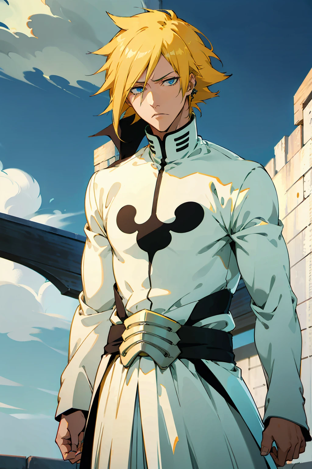 1male, Young Adult, Short Hair, YellowColored Hair, Black Highlights, Two Toned Hair, Sky Blue Eyes, Bleach, Hueco Mundo, Arrancar Clothing, Sunny, Muscular, White Coat, Detailed Eyes, Wavy Hair, Earring, Slicked Back Hair