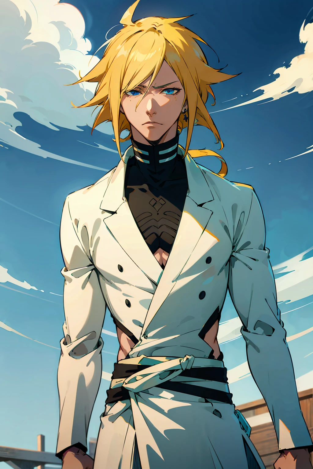 1male, Young Adult, Short Hair, YellowColored Hair, Black Highlights, Two Toned Hair, Sky Blue Eyes, Bleach, Hueco Mundo, Arrancar Clothing, Sunny, Muscular, White Coat, Detailed Eyes, Wavy Hair, Earring, Slicked Back Hair