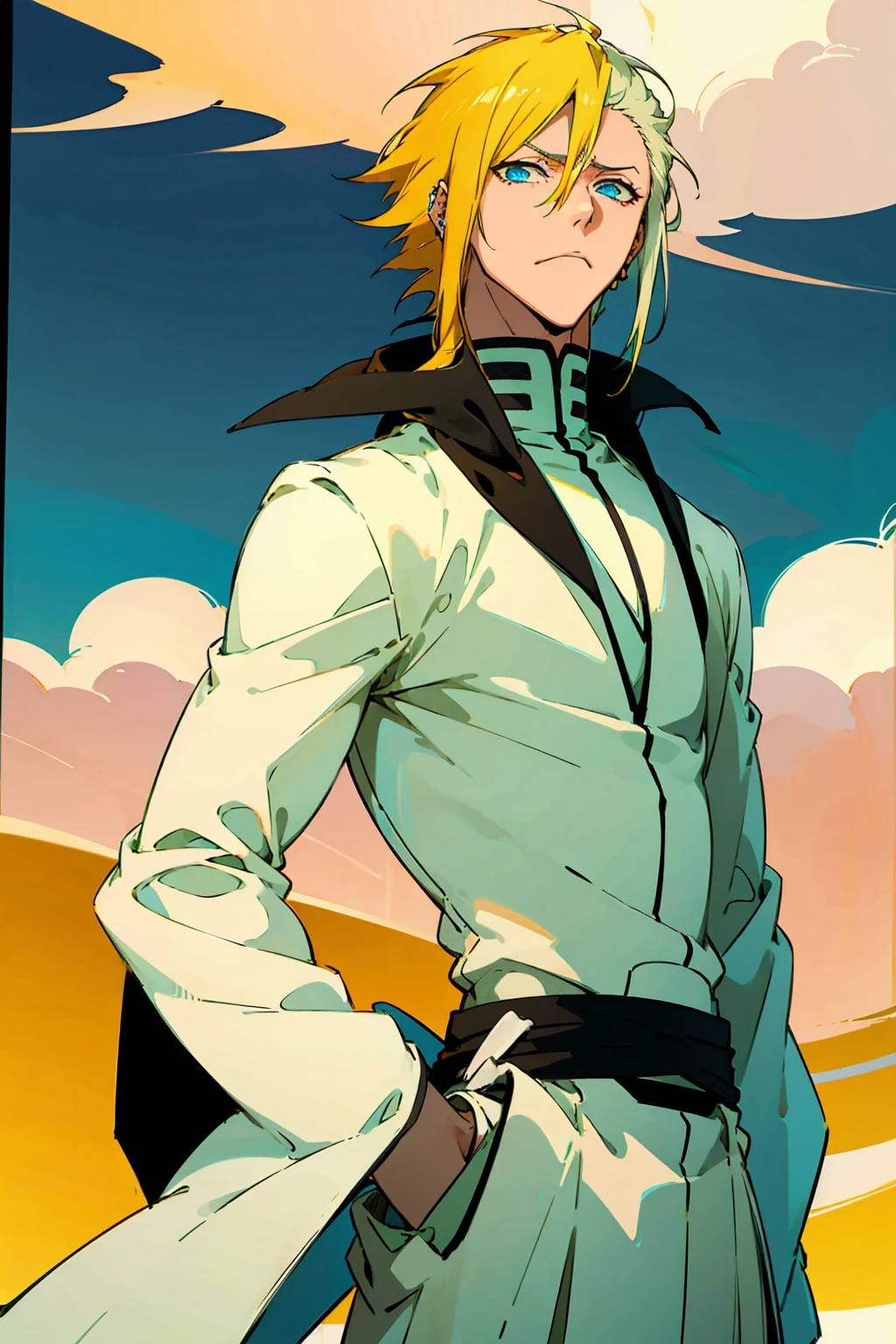 1male, Young Adult, Short Hair, YellowColored Hair, Black Highlights, Two Toned Hair, Sky Blue Eyes, Bleach, Hueco Mundo, Arrancar Clothing, Sunny, Muscular, White Coat, Detailed Eyes, Wavy Hair, Earring, Slicked Back Hair