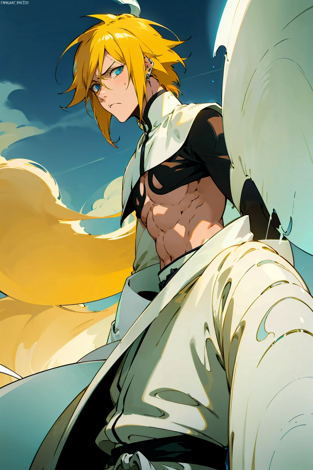 1male, Young Adult, Short Hair, YellowColored Hair, Black Highlights, Two Toned Hair, Sky Blue Eyes, Bleach, Hueco Mundo, Arrancar Clothing, Sunny, Muscular, White Coat, Detailed Eyes, Wavy Hair, Earring, Slicked Back Hair