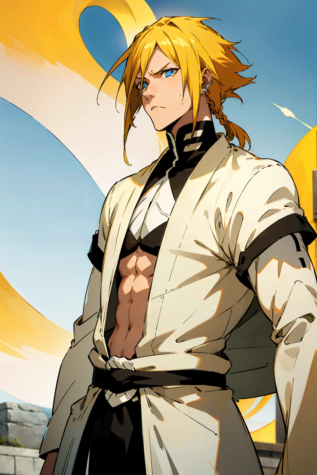 1male, Young Adult, Short Hair, YellowColored Hair, Black Highlights, Two Toned Hair, Sky Blue Eyes, Bleach, Hueco Mundo, Arrancar Clothing, Sunny, Muscular, White Coat, Detailed Eyes, Wavy Hair, Earring, Slicked Back Hair