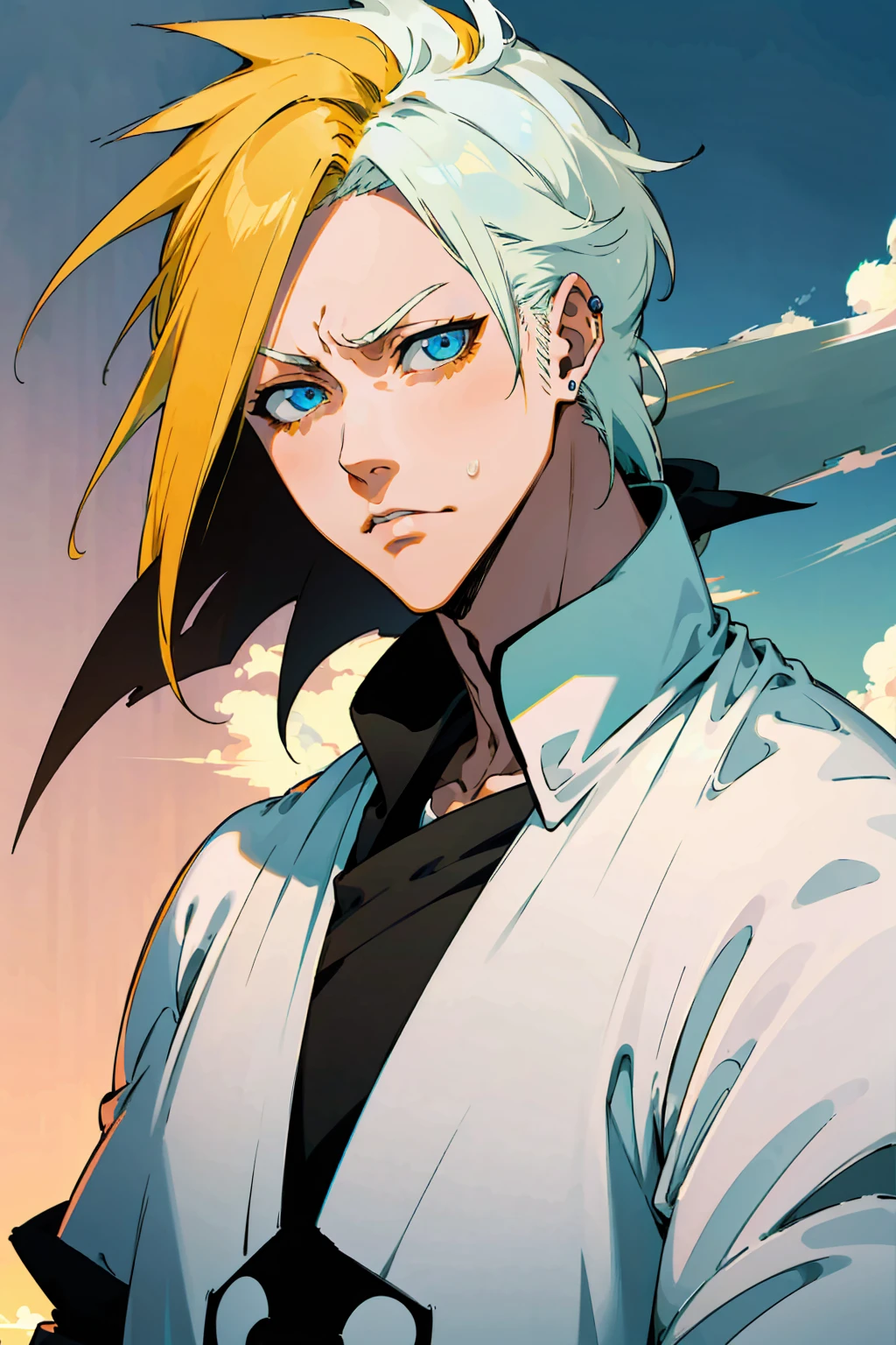 1male, Young Adult, Short Hair, YellowColored Hair, Black Highlights, Two Toned Hair, Sky Blue Eyes, Bleach, Hueco Mundo, Arrancar Clothing, Sunny, Muscular, White Coat, Detailed Eyes, Wavy Hair, Earring, Slicked Back Hair