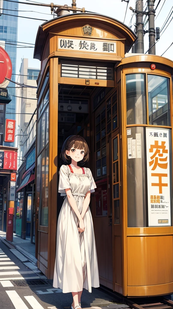A shopping street in front of the station in the late Showa period。A young woman wearing a neat white dress、Standing in an old phone booth with a lovely smile。Behind her、A shopping street lined with retro signs spreads out、The streetcar is running。The woman's hairstyle is a modest short bob.、The subtle makeup brings out the sparkle in her eyes.。Holding a red leather handbag、Clean white shoes on your feet。On the window pane of the telephone booth、There are nostalgic advertising posters on the wall。In the surrounding area、The lively sounds of the street performers、The shop is filled with a lively atmosphere, and you can almost hear the cheerful voices of the greengrocers selling fresh vegetables.。