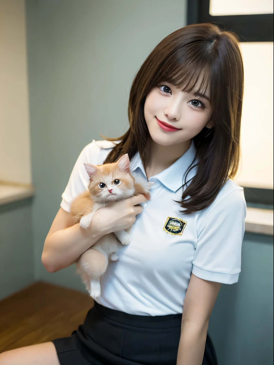 Woman sitting and holding a munchkin kitten、Beauty、In a bright room、Medium build、Wearing a polo shirt、Wearing a skirt、View from below、, brown hair, light brown hair, hair over shoulder, parted bangs, straight hair, seductive smile, Surrealism, first-person view, f/1.2, Nikon, Expressionism, cinematic lighting, first-person view, f/1.2, Nikon, UHD, anatomically correct, best quality, highres, 8k