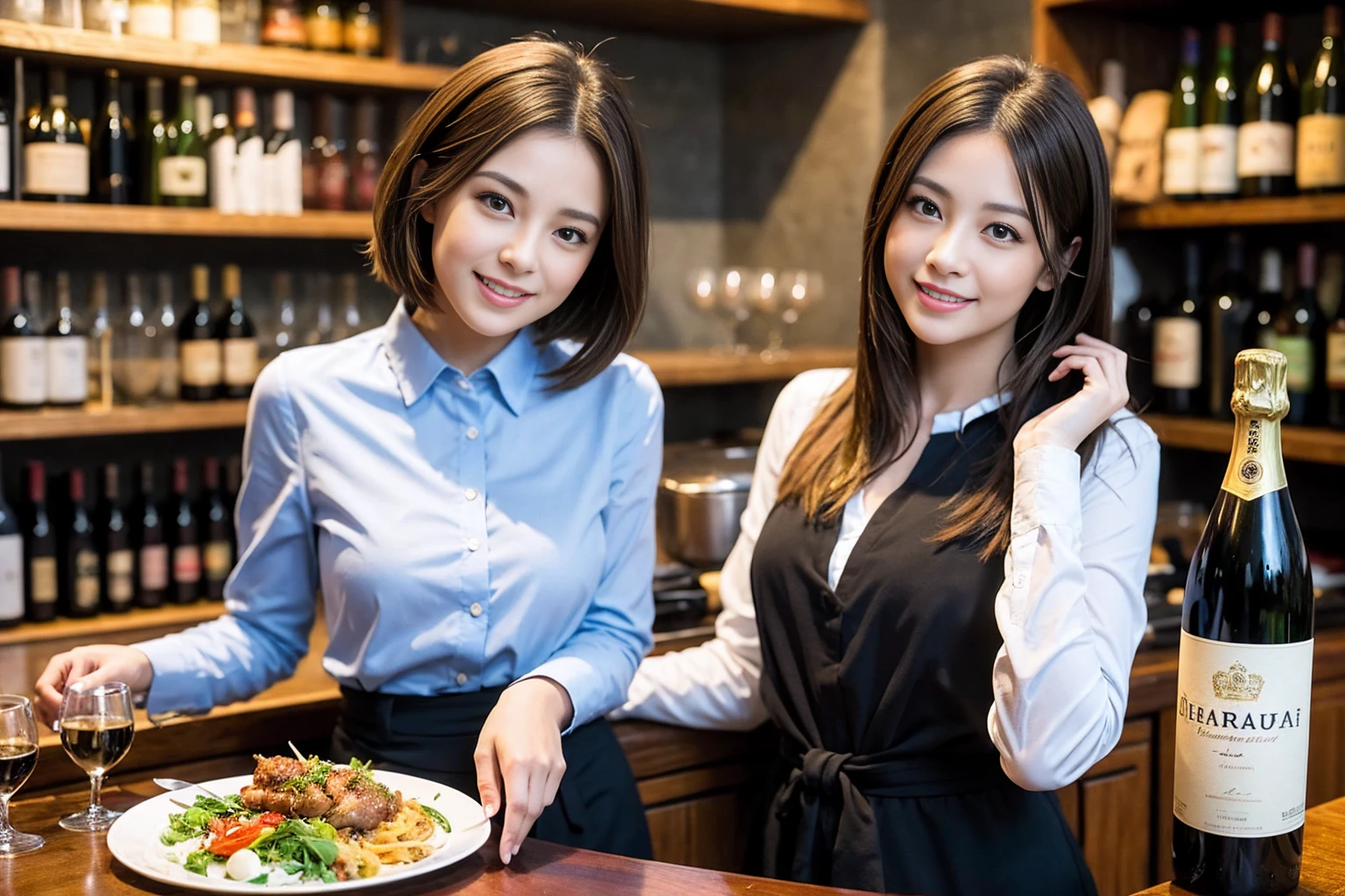 ((Highest quality、8K、masterpiece:1.3))、Yuuko Araki、slimカップル、ピンクmodelカップル、(Realistic, Intricate details:1.2), full-course dinner、Wine Party、Amazing view of the sunset sky and clouds、A bright smile、The wonderfulness of smile、Bright image、The beauty of wine, Beautiful Face, blue eyes, The light shines on your face, Blushing, short hair,Bright Face、42 years old,45 years old, red wine 、Appetizers、Italian food、Wine bottle、Champagne、sparkling wine、Two beauties、Brown Hair、Shortcuts、Long sleeve shirt、dress、Beautiful woman 1, (slimな顔), (The body is slim), (Brown Hair), (Shortcuts), cheeks turn a little red,Attractive beauty、restaurant, In a prominent place (From the waist up) Nova Frog Style, actress, model, Upper Body, White wine, slim, wine glass, 中央に置かれたwine glass, smile, (smile: 1.15), Beautiful fine grain, Depth f/2,saturation, High Contrast, Strong light and shadow,Moist Body:1.5、3D texture、Delicate eyes、Brown Hair、The hair is very shiny、