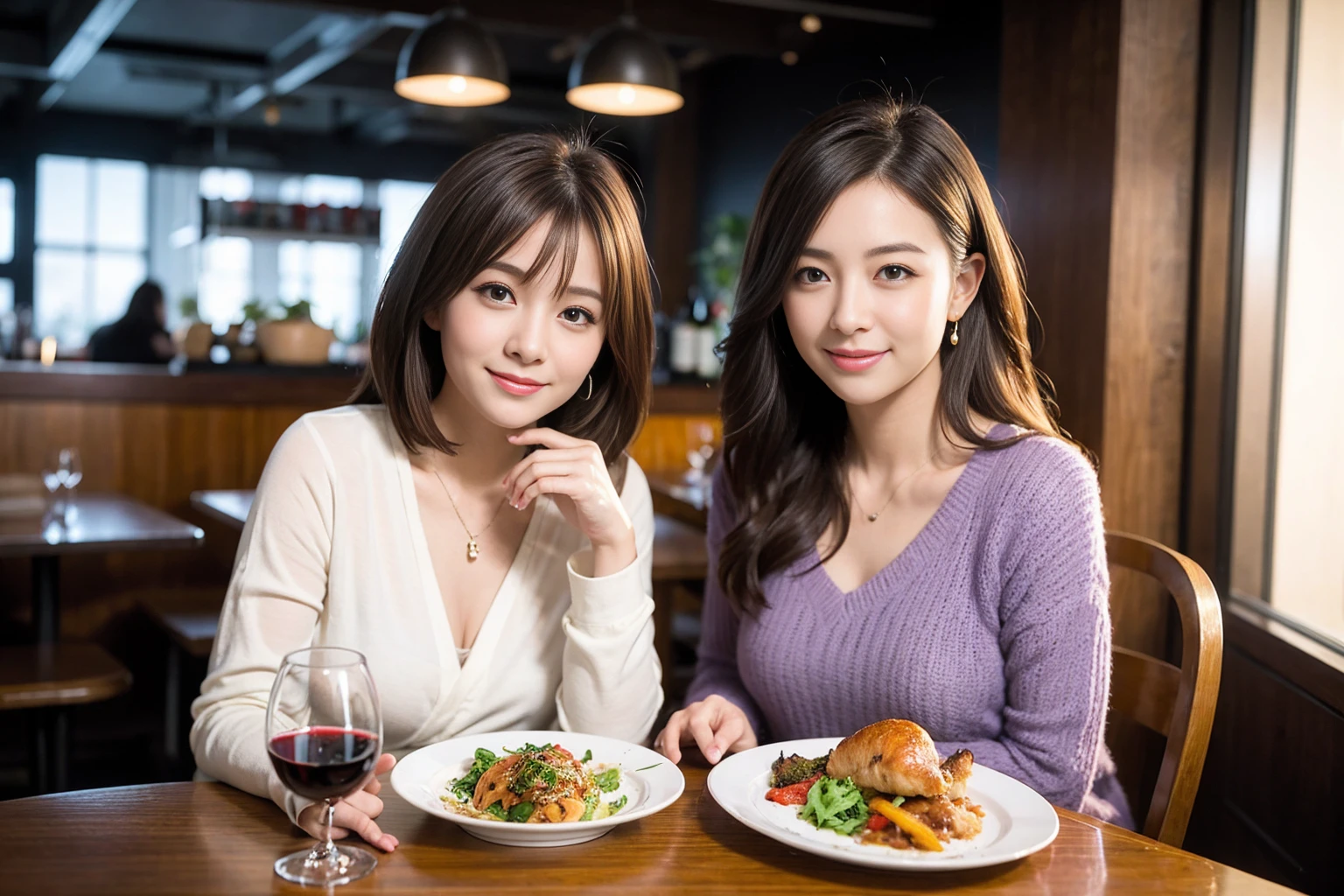 ((Highest quality、8K、masterpiece:1.3))、Yuuko Araki、slimカップル、ピンクmodelカップル、(Realistic, Intricate details:1.2), full-course dinner、Wine Party、Amazing view of the sunset sky and clouds、A bright smile、The wonderfulness of smile、Bright image、The beauty of wine, Beautiful Face, blue eyes, The light shines on your face, Blushing, short hair,Bright Face、42 years old,45 years old, red wine 、Appetizers、Italian food、Wine bottle、Champagne、sparkling wine、Two beauties、Brown Hair、Shortcuts、Long sleeve shirt、dress、Beautiful woman 1, (slimな顔), (The body is slim), (Brown Hair), (Shortcuts), cheeks turn a little red,Attractive beauty、restaurant, In a prominent place (From the waist up) Nova Frog Style, actress, model, Upper Body, White wine, slim, wine glass, 中央に置かれたwine glass, smile, (smile: 1.15), Beautiful fine grain, Depth f/2,saturation, High Contrast, Strong light and shadow,Moist Body:1.5、3D texture、Delicate eyes、Brown Hair、The hair is very shiny、