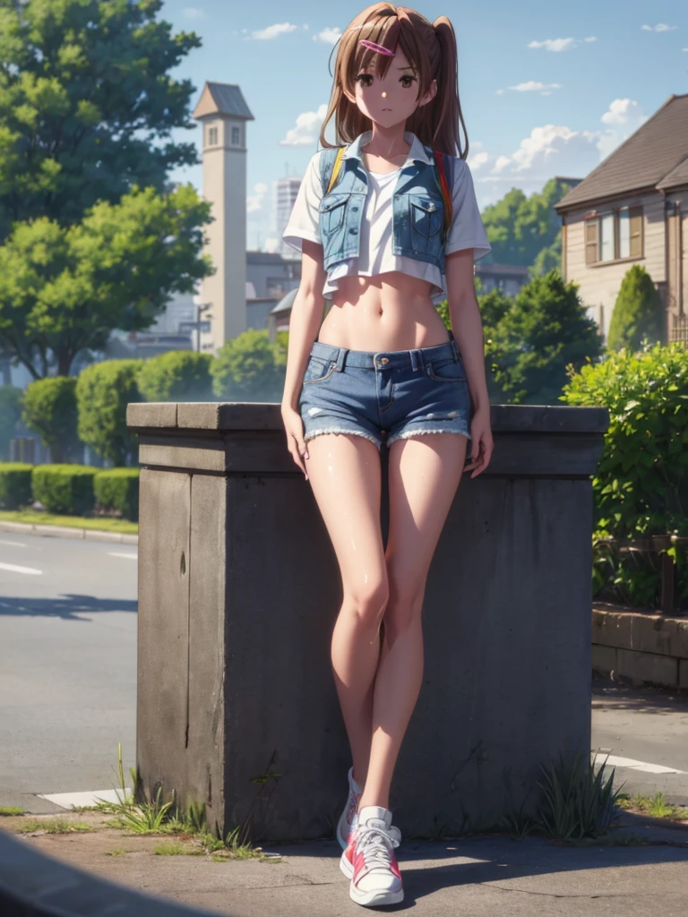 Girl, short blue jeans short, Reflective vest, You can see her breasts, Road works  background , openlegs, Bare chest, small breast, slim body, slim legs, wet body, Sneakers 