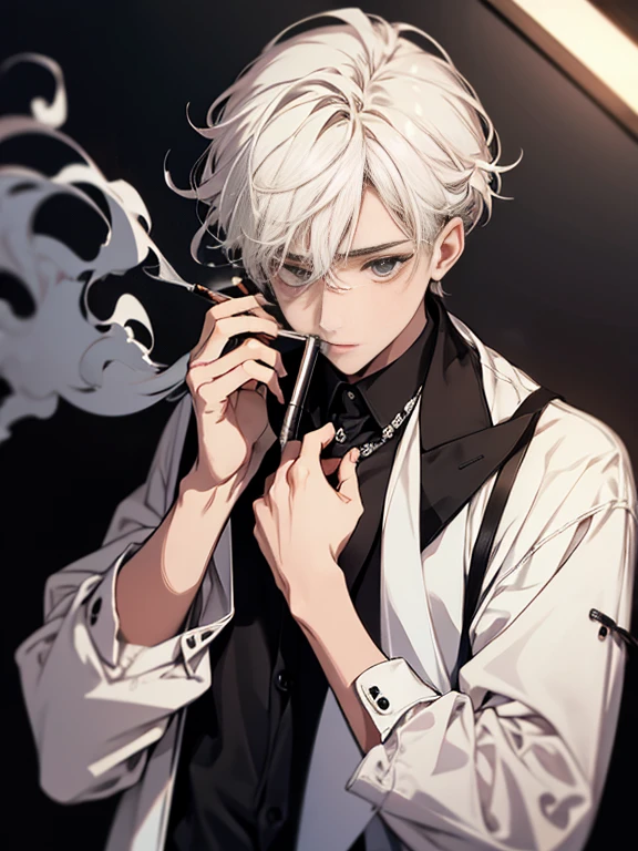 e ,smoking with a black jacket and white blouse. E com fone ouvindo musica