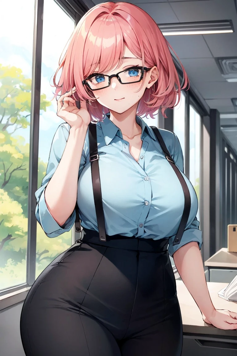 short beautiful young adult women, fox girl, chubby, plus size, tan skin, blue eyes, freckles all over body, short pixie cut hair, messy hair, pink hair, big round glasses,medium breasts, (shiny skin), solo, rating:questionable, indoors, thicc, thick thighs, office work, business casual, dressed in business casual,