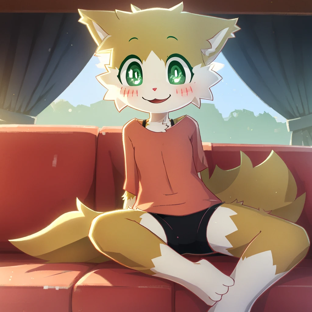 art by dagasi, (solo:1.5), art by dagasi, Uploaded to e621.net, (Pixelsketcher), (wamudraws), (masterpiece), (HD), (high res), solo portrait, (feet visible), (furry anthro), (detailed fur), (detailed shading), (beautiful render art), anthro furry, (light orange fur), fox ears, fluffy tail, snout, (green cat eyes), (beautiful eyes), [(slim figure, flat chest, skinny)], (curvy hips), (beautiful legs), rolo, furry, small, (kid female:1.5), fluffy, wearing a pink t-shirt, (black bra straps), lycra shorts, Rolo sitting on a sofa, watching TV, legs crossed, cowgirl girl pose, both hands on crotch, in a carefree pose, smiling at the viewer with joy and embarrassment, blushing