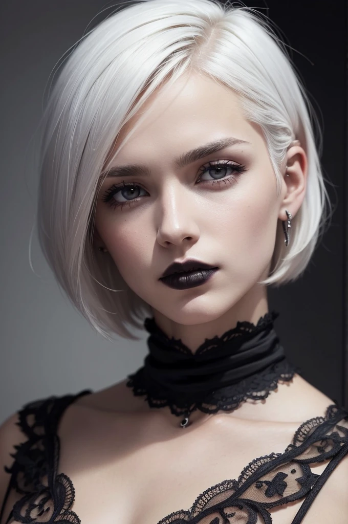 I want a photo of a white man with short, well-cut hair with a gothic nose piercing in detail
