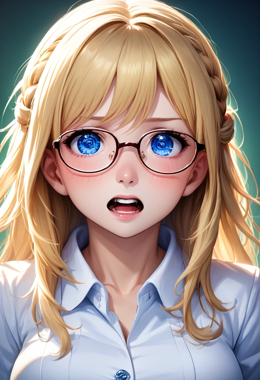 detailed illustration, dynamic angle, ultra-detailed, illustration, clean line art, shading, anime, detailed eyes, detailed face, beautiful face, dramatic lighting, ultra-detailed, illustration, single woman, masterpiece, masterwork, beautiful, blue eyes, show whole body in shot, head to toe in picture,

Thin, willowy, lithe, a cup breasts, narrow hips, creamy white skin, pale skin tone, blonde hair in a french braid with bangs, lab coat, glasses, professional, shy, quiet, mousy, conservatively dressed, puritanical, college age, look of pain on face, yelling, veins bulging, hunched over, hugging self, in pain, hurt, clothes ripping, muscles bulging, muscles growing, legs curled up