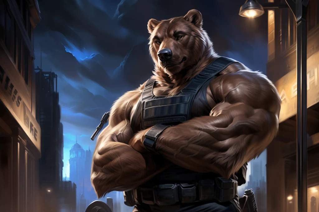4k, high resolution, best quality, perfect colors, perfect shadows, perfect lighting, (close up, portrait, upper body shot), posted on e621, furry body, solo, anthro brown bear, (monotone brown fur:1.3), male, adult, (veiny biceps, strongman, manly, brutal, masculine:1.4), gym background, weights equipments, correct anatomy, night at the gym, (photorealistic detailed fur, epic, masterpiece:1.2), (by Taran Fiddler, by Chunie, by Rukis, Bonifasko lighting), detailed bear eyes, best posture, looking at the camera, (arms crossed:1.2), (detailed tactical gym tank:1.3), (black gym shorts:1.3)