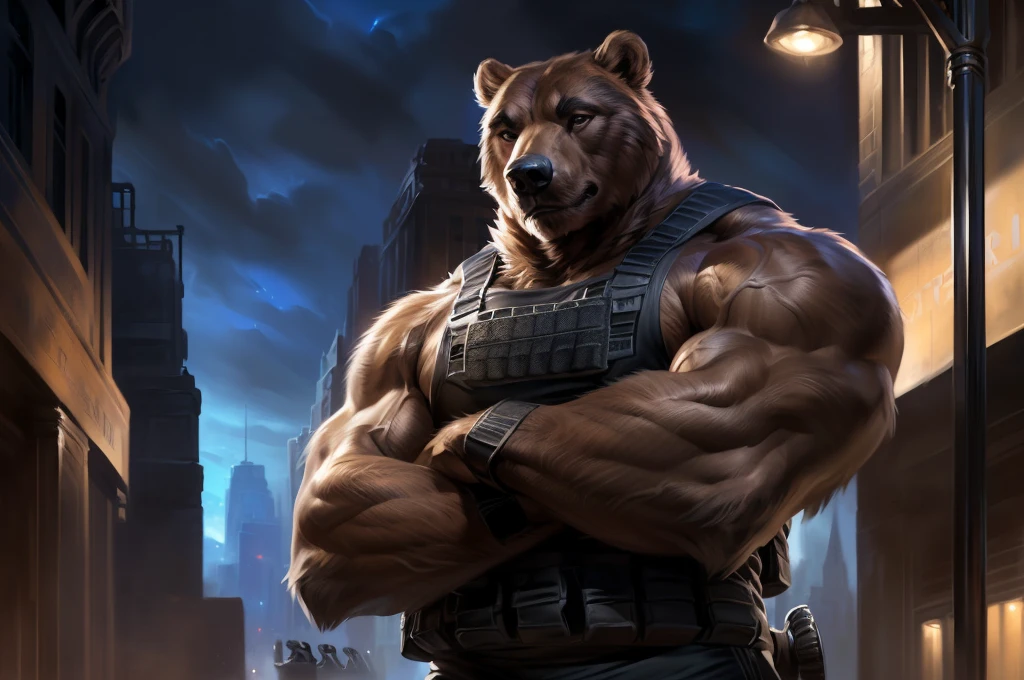4k, high resolution, best quality, perfect colors, perfect shadows, perfect lighting, (close up, portrait, upper body shot), posted on e621, furry body, solo, anthro brown bear, (monotone brown fur:1.3), male, adult, (veiny biceps, strongman, manly, brutal, masculine:1.4), gym background, weights equipments, correct anatomy, night at the gym, (photorealistic detailed fur, epic, masterpiece:1.2), (by Taran Fiddler, by Chunie, by Rukis, Bonifasko lighting), detailed bear eyes, best posture, looking at the camera, (arms crossed:1.2), (detailed tactical gym tank:1.3), (black gym shorts:1.3)