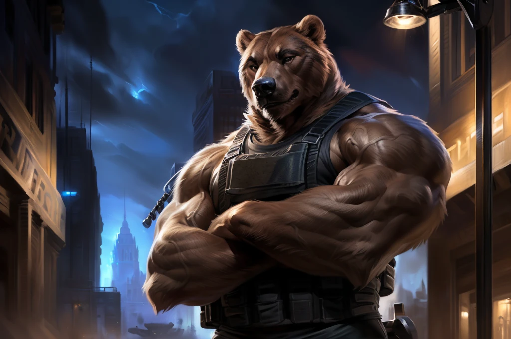 4k, high resolution, best quality, perfect colors, perfect shadows, perfect lighting, (close up, portrait, upper body shot), posted on e621, furry body, solo, anthro brown bear, (monotone brown fur:1.3), male, adult, (veiny biceps, strongman, manly, brutal, masculine:1.4), gym background, weights equipments, correct ???????, night at the gym, (photorealistic detailed fur, epic, masterpiece:1.2), (by Taran Fiddler, by Chunie, by Rukis, Bonifasko lighting), detailed bear eyes, best posture, looking at the camera, (arms crossed:1.2), (detailed tactical gym tank:1.3), (black gym shorts:1.3)