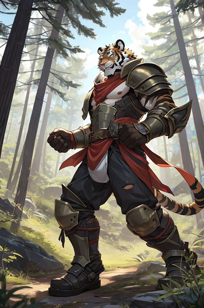 Tiger,Young Adults,Strong,handsome,warrior,Sexy body,Golden fur,Huge penis,Bare chest and abdomen,Bare legs,unarmed,Very cool to wear,Revealing clothing,毛茸茸的Tiger爪,Extremely revealing clothing(Scapula,Armor knee pads,Red torn shawl,No pants),expression(vigilante,Gnashing of teeth),action(Standing,vigilante),Alone,angry,Challenge the camera character to a duel,environment(Clearing in open forest,There are sparse low weeds around,There are pine trees in the distance),good-looking,masterpiece,Very detailed,best quality,No pants,下身穿戴Armor knee pads,Scantily clad.
